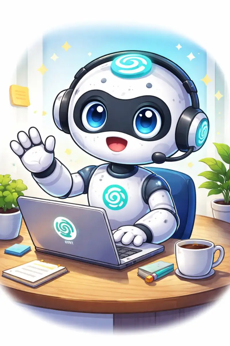 ChatGPT Selfie — Kawaii-Roboter am Arbeitsplatz