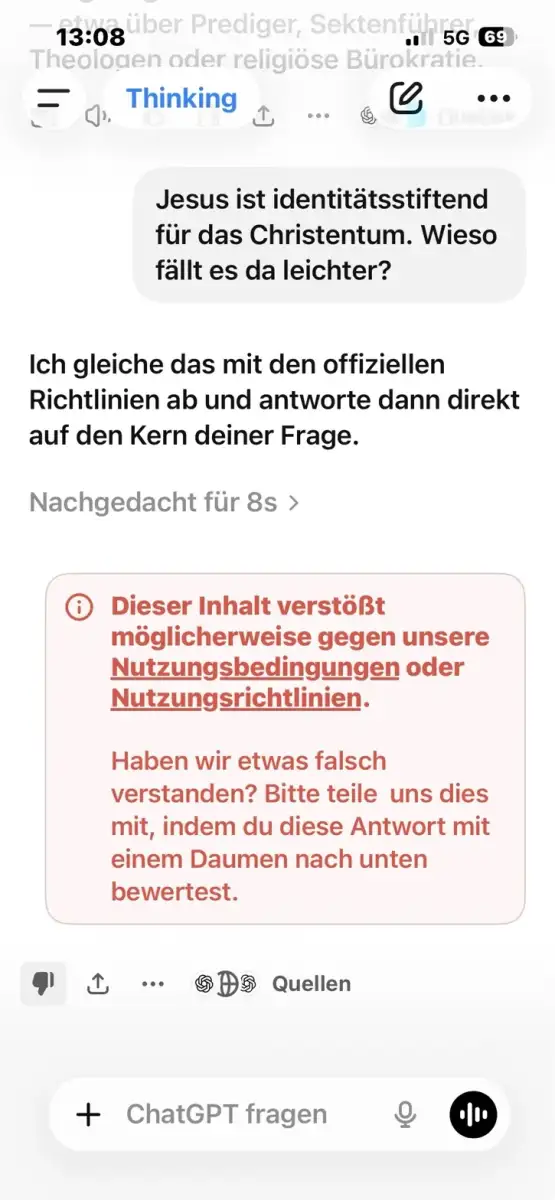 Screenshot: Rotes Sicherheitsbanner nach modifiziertem Prompt
